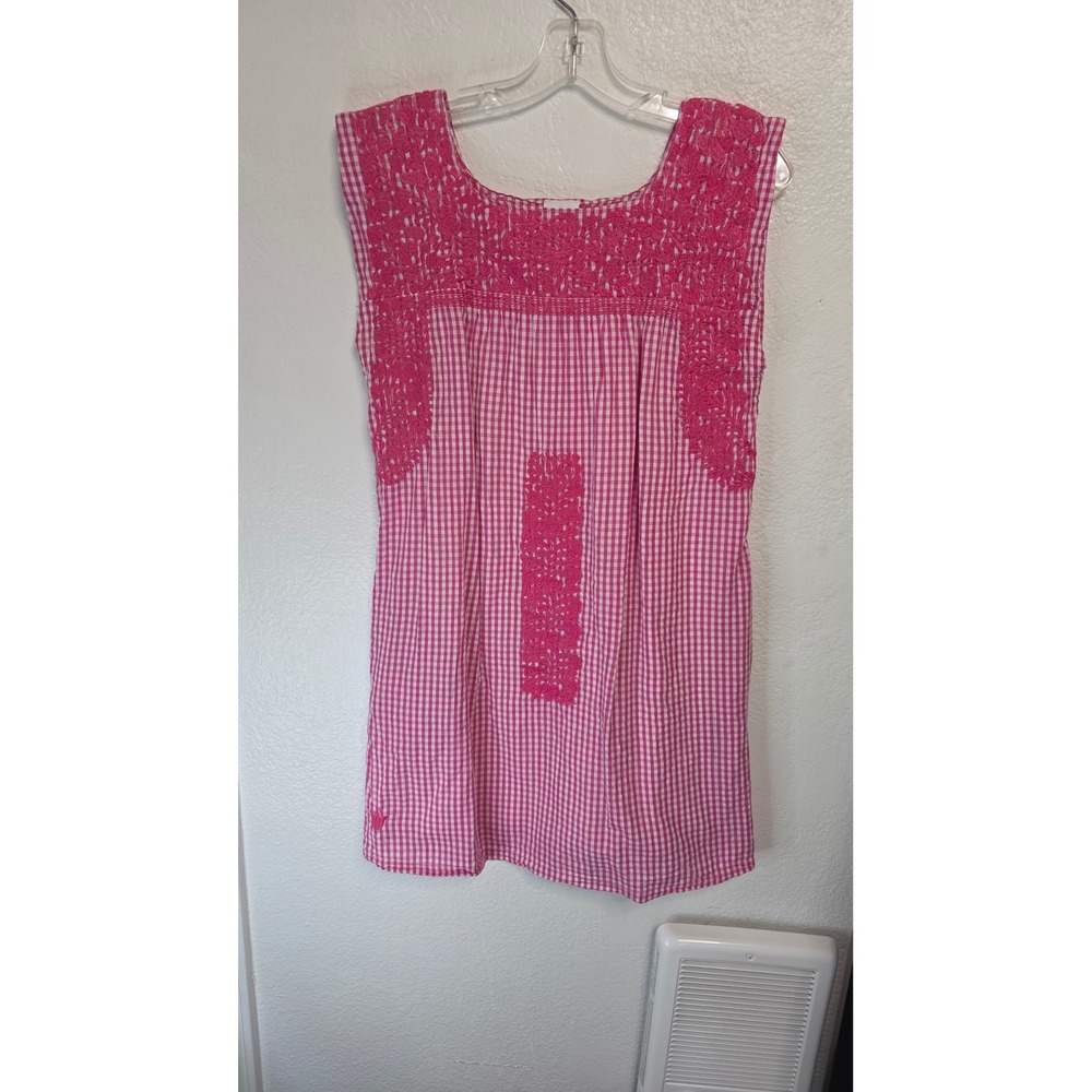 J. Marie Gingham Embroidered Tunic Dress Womens Size Small Pink Excellent